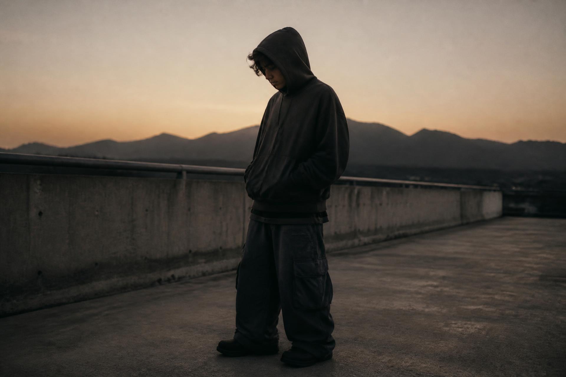 Streetwear campaign: model in an oversized black hoodie and cargo pants on an empty overpass at dusk with a mountain ridge on the horizon